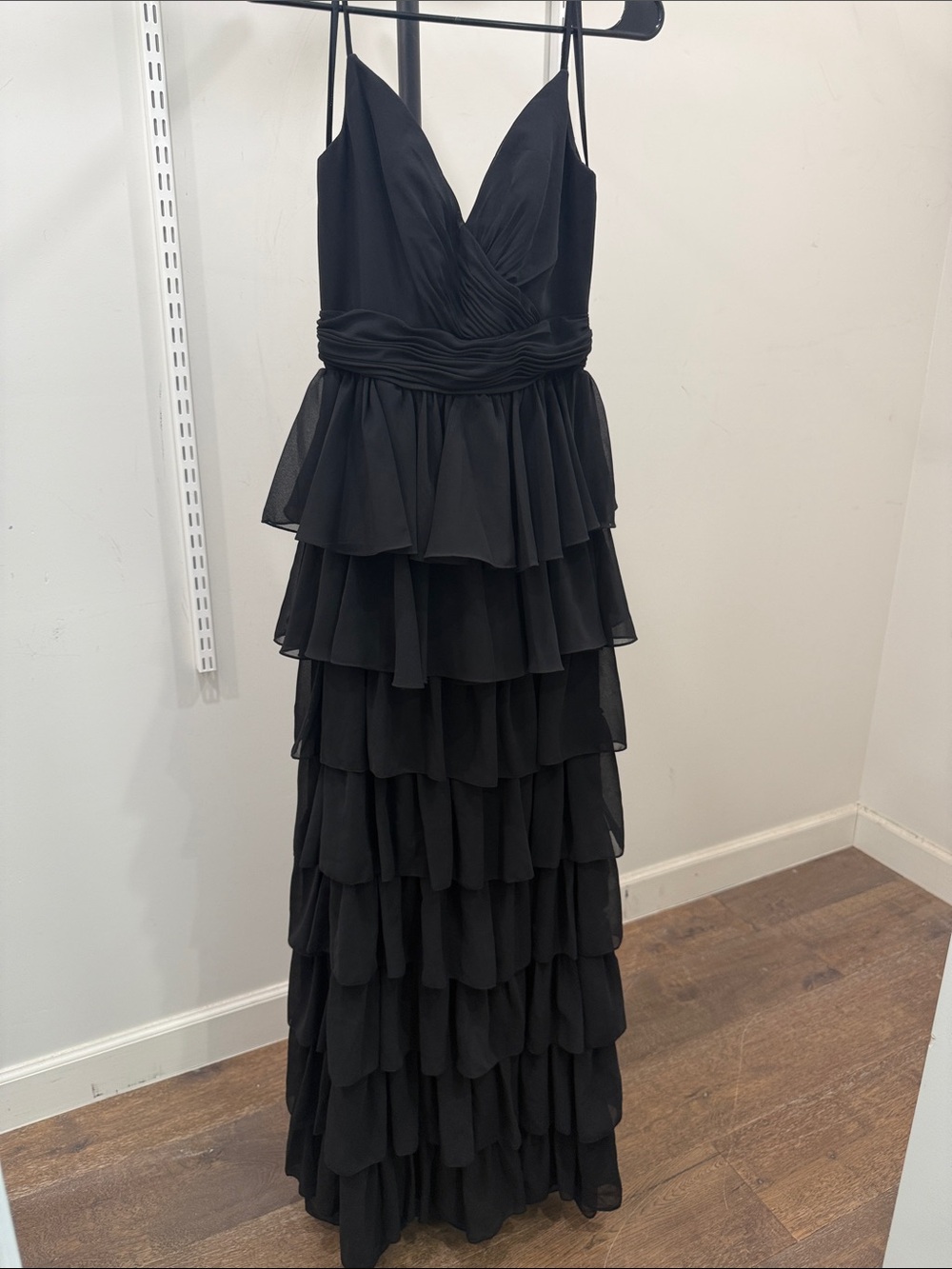 Ieena for Mac Duggal Black Tiered Spaghetti-Strap Maxi Dress